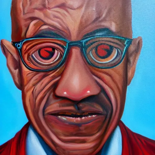 Image similar to an oil painting of Arabic Gus Fring with blood shot eyes