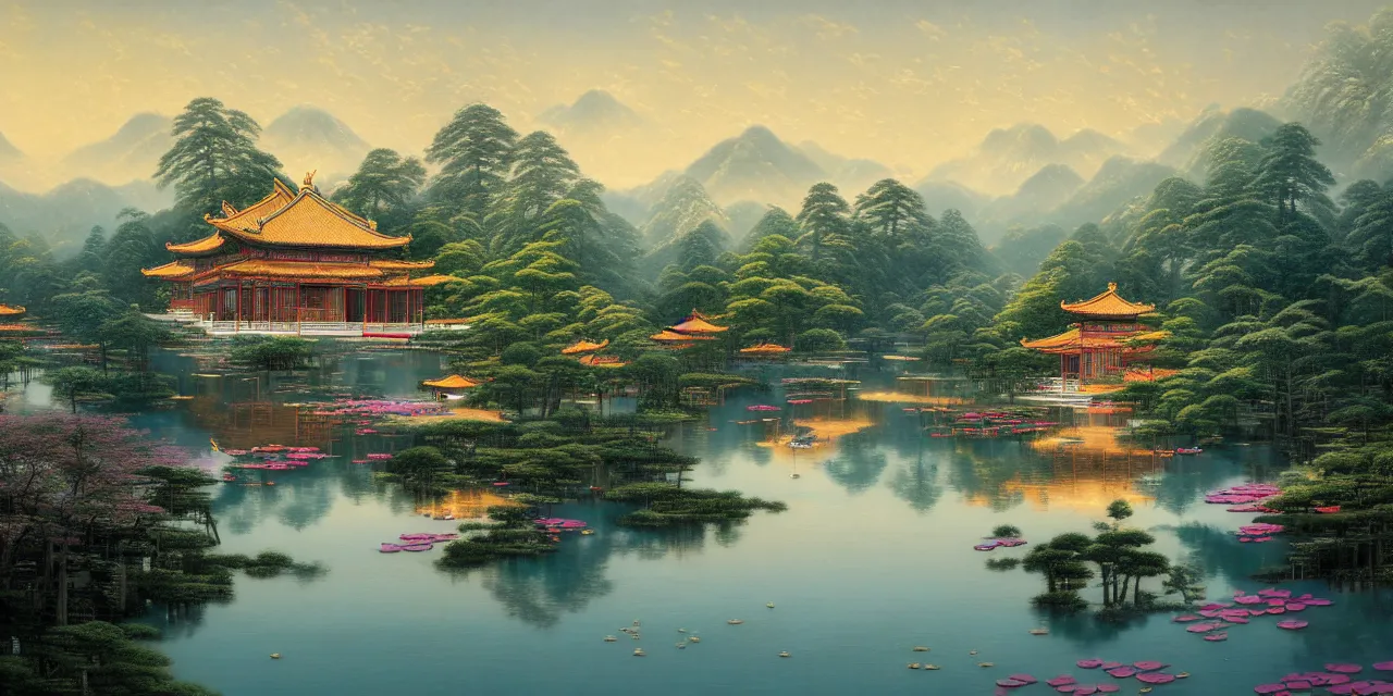 Prompt: a realistically rendered chinese style painting, 8 k, light effect, three - dimensional, trending on artstation, by thomas kinkade, yuumei, victo ngai, lars van de goor, horizontal line composition, lake, many lotus leaves, water surface, lake pavilion, distant mountains, white sun, blue sky, lotus