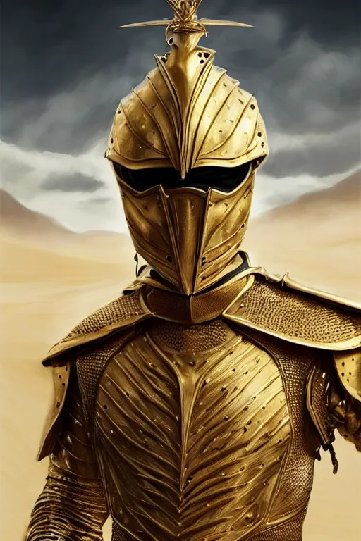 Prompt: Hyper-realistic photo of the King of the Desert, Gold Armour suit, Sword, sand, handsome attractive face, attractive young man, beautiful face, dramatic lighting, majestic, D&D, fantasy, elegant, intricate, highly detailed, digital painting, concept art, sharp focus, illustration, trending on artstation, art by artgerm and greg rutkowski and alphonse mucha
