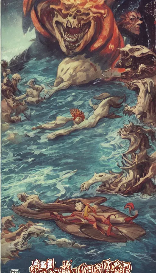 Prompt: man on boat crossing a body of water in hell with creatures in the water, sea of souls, by gainax co,