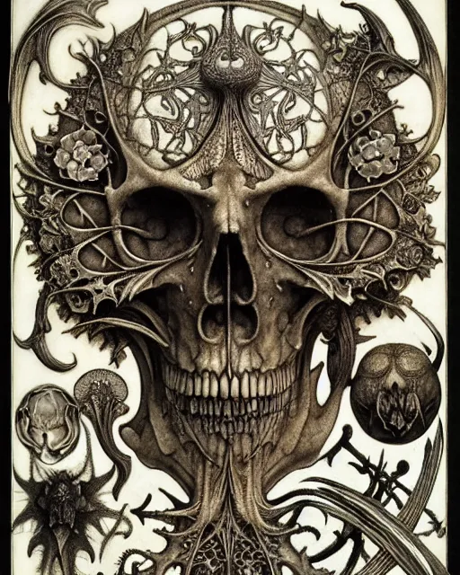 Image similar to memento mori by arthur rackham, art forms of nature by ernst haeckel, exquisitely detailed, art nouveau, gothic, ornately carved beautiful skull dominant, intricately carved antique bone, art nouveau botanicals, ornamental bone carvings, art forms of nature by ernst haeckel, horizontal symmetry, arthur rackham, ernst haeckel