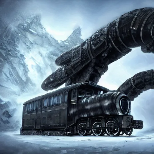 Image similar to an intricate futuristic black steam train and a giant mammoth, post - apocalyptic ice landscape with heavy snow, concept art, artstation, highly detailed, digital art