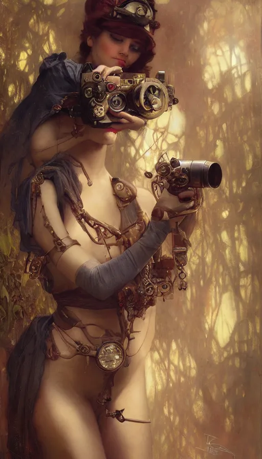 Prompt: hyper realistic photographer taking a picture of a cat, magical, steampunk, painted by tom bagshaw, mucha, gaston bussiere, craig mullins, j. c. leyendecker 8 k