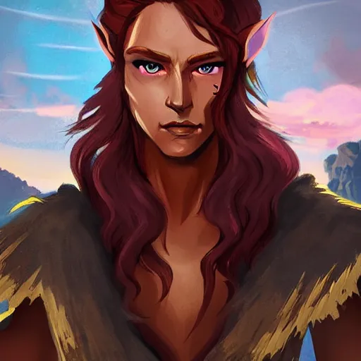 Image similar to dnd character illustration of a tanned half - elf with messy short red hair and golden eyes with slit pupils, androgynous, feral, glowing, golden hour