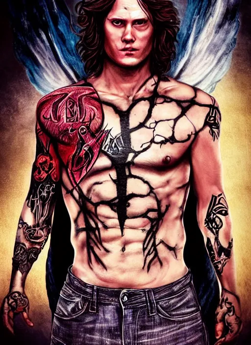 Image similar to Sam Winchester as a muscular half-blood demon with religious tattoos on chest and neck, open devil wings, stained and bleeding, magic overlays, magic flames, open portal with runes in the background, romance book cover style, D&D illustration style, (octane render) fantasy style, sharp focus, ultra detailed, art by Artgerm and Peter Andrew Jones, Ayami Kojima, Amano and Olivier Ledroit