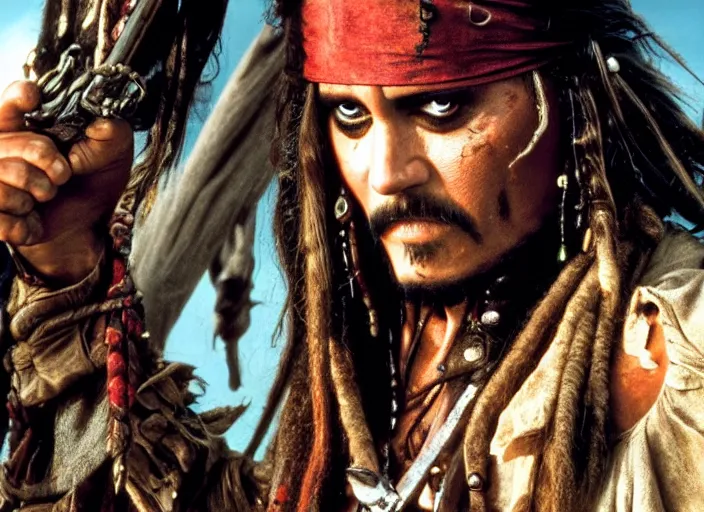Image similar to Bruce Campbell playing Jack Sparrow in Pirates of the Caribbean, film still, 4k