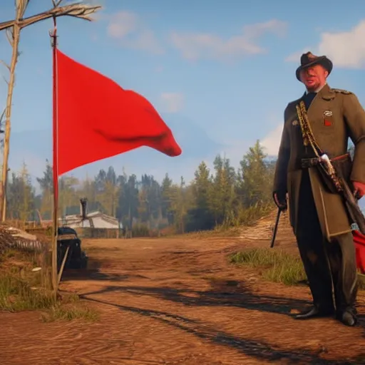 Image similar to Alexander Lukashenko with the belarussian flag in the background in Red Dead Redemption 2