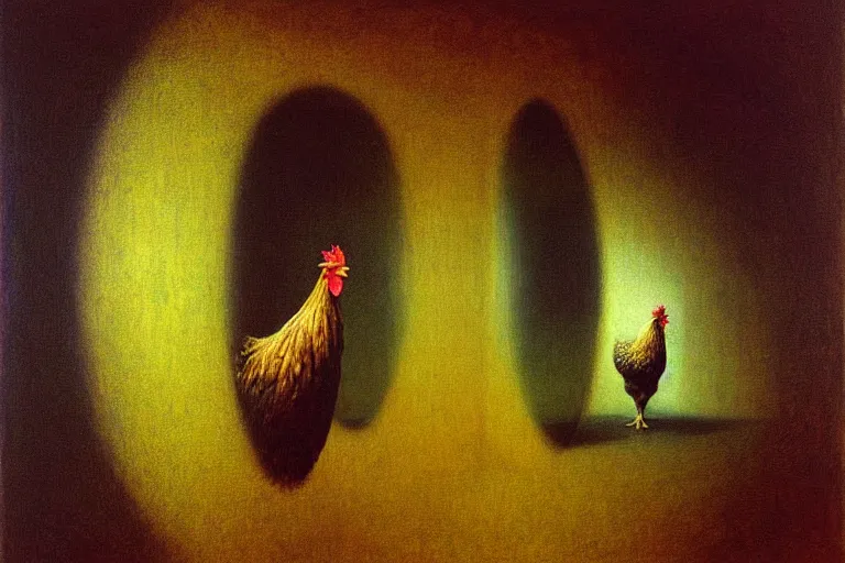 Prompt: a chicken trapped inside a mirror, beksinski, oil painting