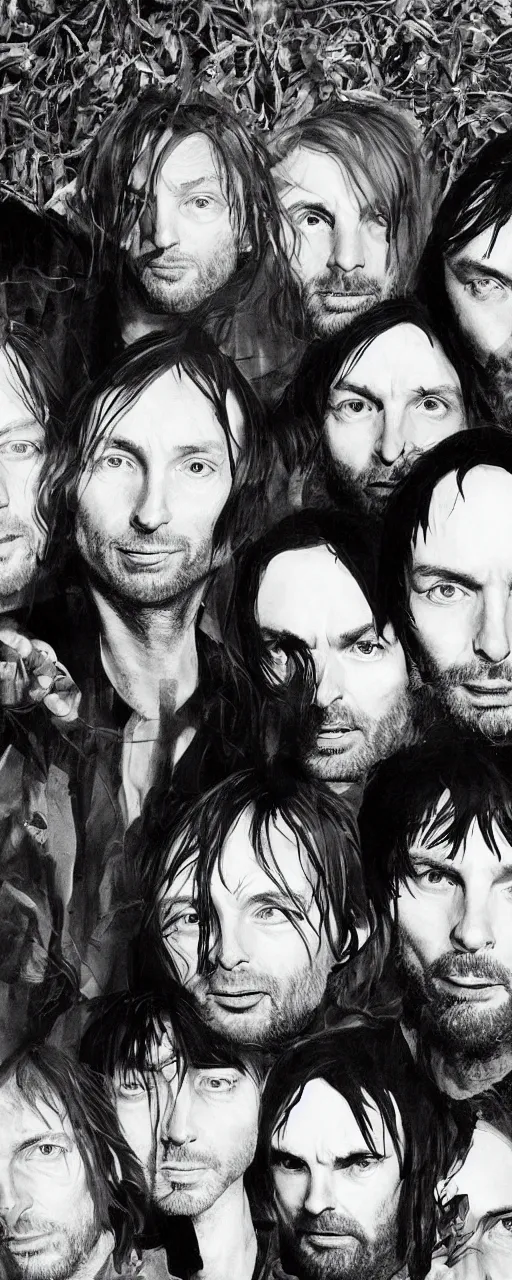 Image similar to disco diffusion portrait of Thom Yorke, Jonny Greenwood, Ed O'Brien, Colin Greenwood, Philip Selway, hiding in the bushes looking shifty