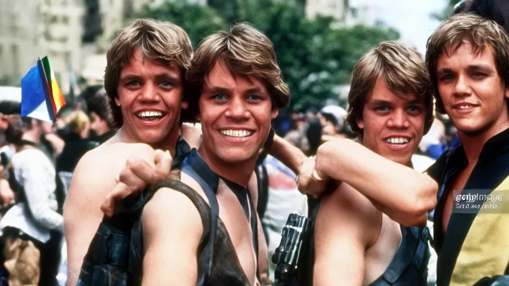 Prompt: rotj luke skywalker and the mandalorian go to pride, getty images, victorious, flags, parade, gay rights, bright smiles, daylight, twenty three year old luke skywalker and din djarin at gay pride, 3 5 mm photography, young mark hamill and pedro pascal, very happy, smiling