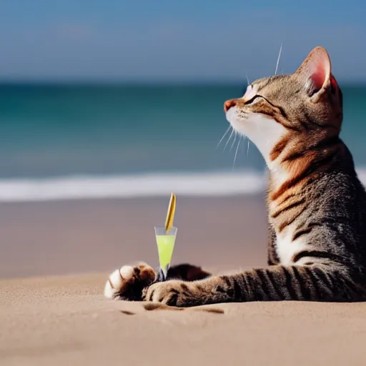 Prompt: photo of an anthropomorphic cat chilling out on the beach and sipping a martini