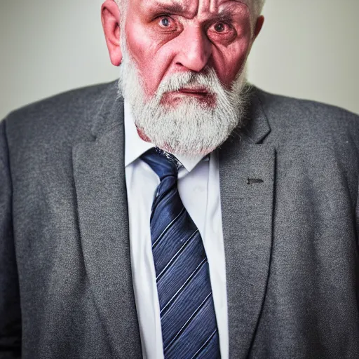 Image similar to photograph of old man wearing suit, sinister, dark circles under eyes, overweight, sagging skin, caucasian, hair becoming gray, sigma 85mm f/1.4, 4k, depth of field, high resolution, 4k, 8k, hd, full color