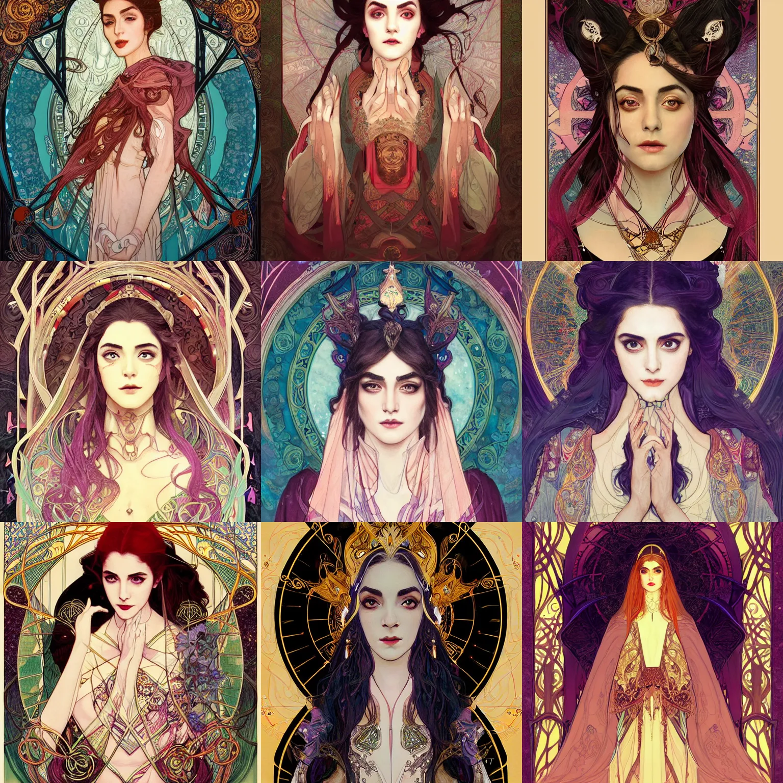 Prompt: masterpiece head-on symmetrical centered painted portrait, Maya Ali as D&D sorcerer, drawn Art Nouveau illustration, wizard robe, delicate, elegant, tarot card background, in the style of ROSSDRAWS and Ruan Jia and Ross Tran and Alphonse Mucha and Ayami Kojima and Charlie Bowater and Karol Bak and Jean Delville, rich bright colours