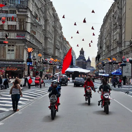 Prompt: arbat street with flying motorcycles, photo france presse