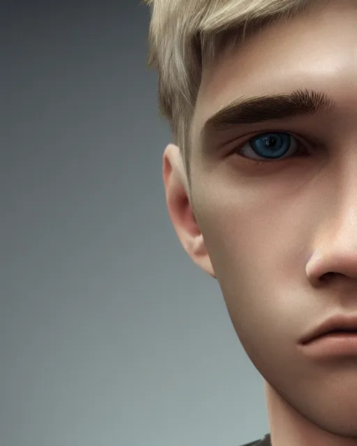 Image similar to portrait a 1 5 - year - old boy, with slender, white - blond hair, cold grey eyes, a pale complexion with sharp and pointed features close up, dramatic lighting, octane render, digital art