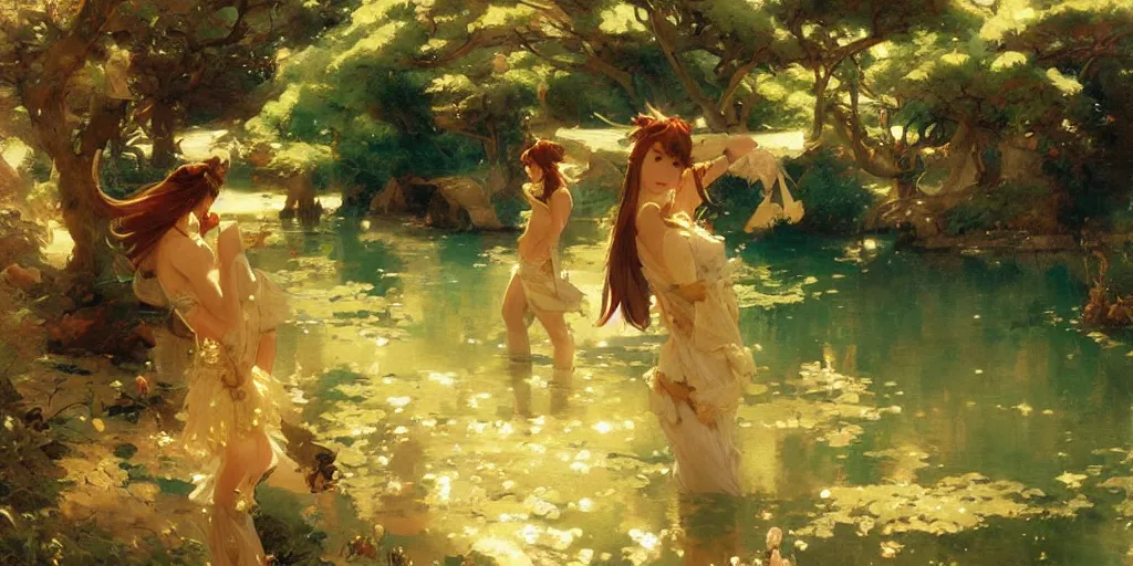 Image similar to cute anime landscape painting by gaston bussiere, craig mullins, j. c. leyendecker