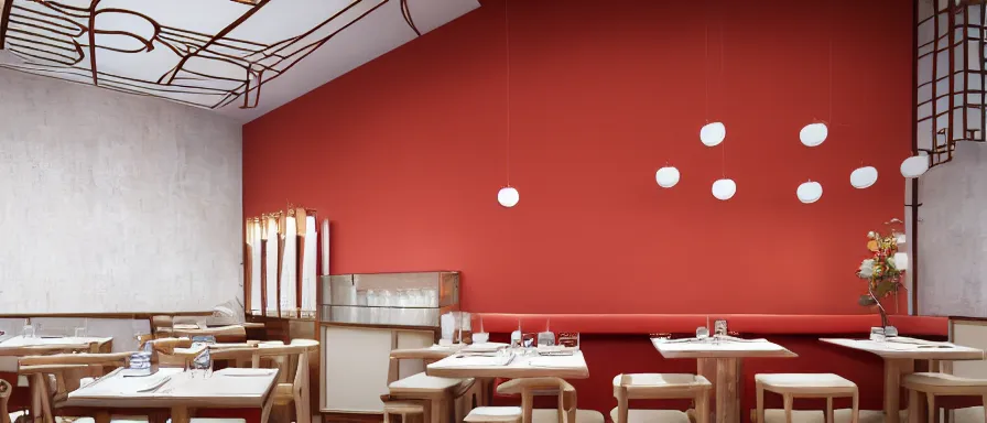 Image similar to a beautiful simple interior render of small roasted string hotpot restaurant restaurant yan'an, wall corner, from china, red paper wall and white tile floor, rectangle white porcelain table, fine simple delicate structure, chinese style, simple composition, simple style structure decoration design, victo ngai, 4 k hd