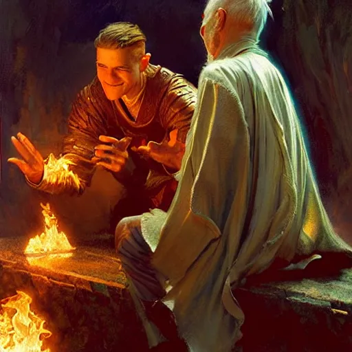 Image similar to stunning male master wizard teaching his son how to cast fire spell, highly detailed painting by gaston bussiere, craig mullins, j. c. leyendecker, 8 k