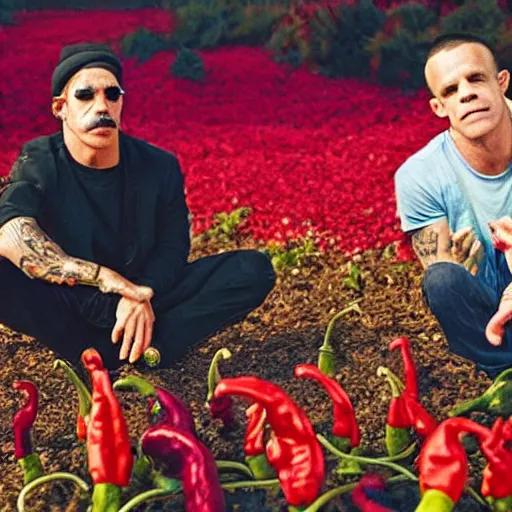 Image similar to A brightly coloured photo of Anthony Kiedis and Flea in a Chili-Pepper garden, 8k, warm dramatic lighting