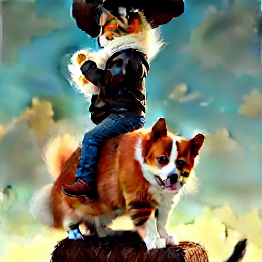 Image similar to fluffy cat in cowboy hat like a tiny girl riding on the back of a giant corgi by greg rutkowski