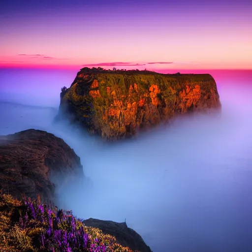 Image similar to cliff landscape with violet water, 8 k, moody, intense color, fog, sunset light, highly detailed, dream landscape, wide, high color saturation,