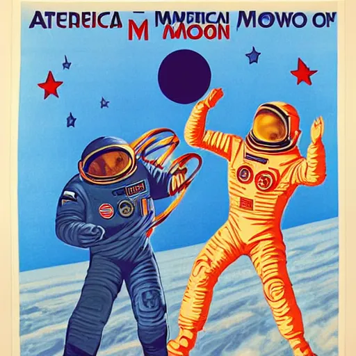 Prompt: propaganda political poster of American and Soviet Union Astronauts fighting for control of the moon