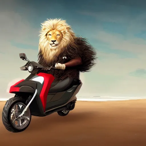 Image similar to commission of a male anthropomorphic albino lion driving a scooter on a beach,digital art,art by greg rutkowski,trevor henderson,ross tran,photorealistic,hyperdetailes,highly realistic,natural lighting,deviantart,artstation,dramatic,cinematic,4k,western comic style