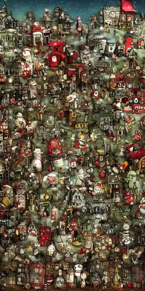 Prompt: a christmas toy junkyard scene by alexander jansson and where's waldo