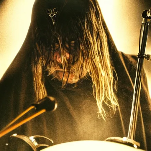 Image similar to Witchking from the lord of the rings playing drums, realism, photo realistic, high quality, misty, hazy, ambient lighting, cinematic lighting, studio quality