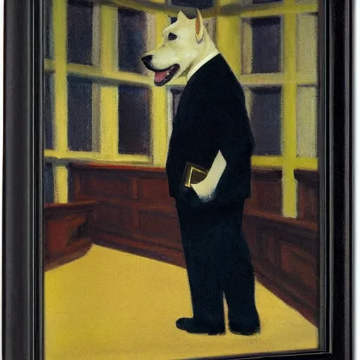 Prompt: dog wearing a suit and holding a brief case on his way to work by edward hopper