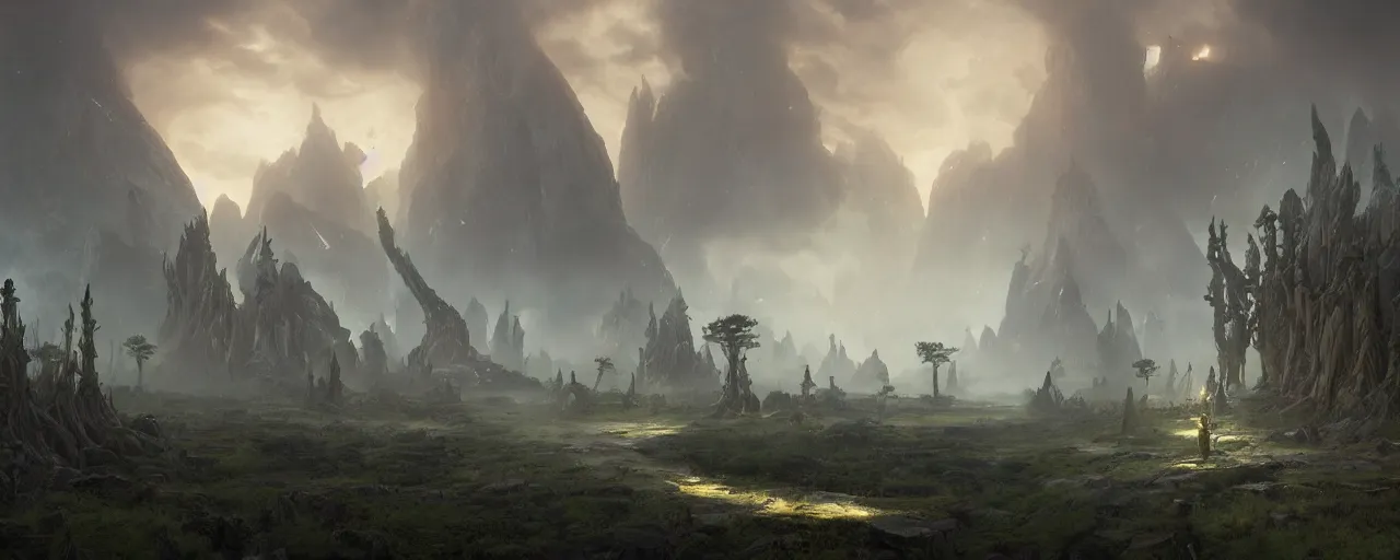 Image similar to mysterious fantasy kingdom of lost elves on another planet, [ cinematic, detailed, epic, widescreen, opening, establishing, mattepainting, photorealistic, 4 k, octane render, art by greg rutkowski ]