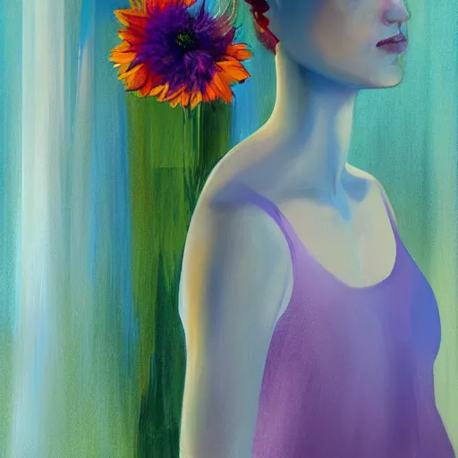 Image similar to huge flower as head, woman standing in a luxury apartment, surreal, dramatic light, impressionist painting, digital painting, artstation, georgia o'keeffe