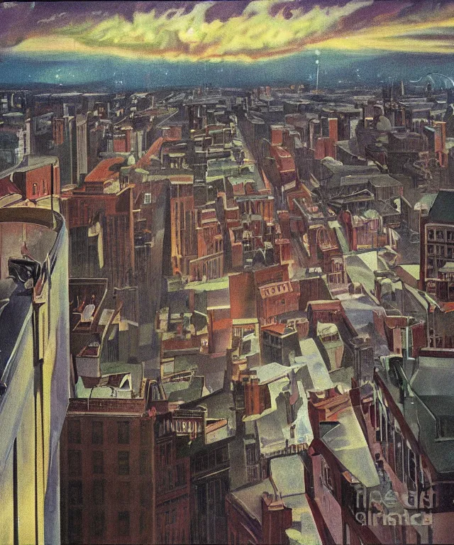 Image similar to horrifying full color photorealistic painting of the view from a 1 9 2 5 hotel terrace balcony overlooking a warped view of downtown boston in 1 9 2 5 with a cosmic sky, dark, atmospheric, brooding, smooth, finely detailed, cinematic, epic, in the style of paul carrick