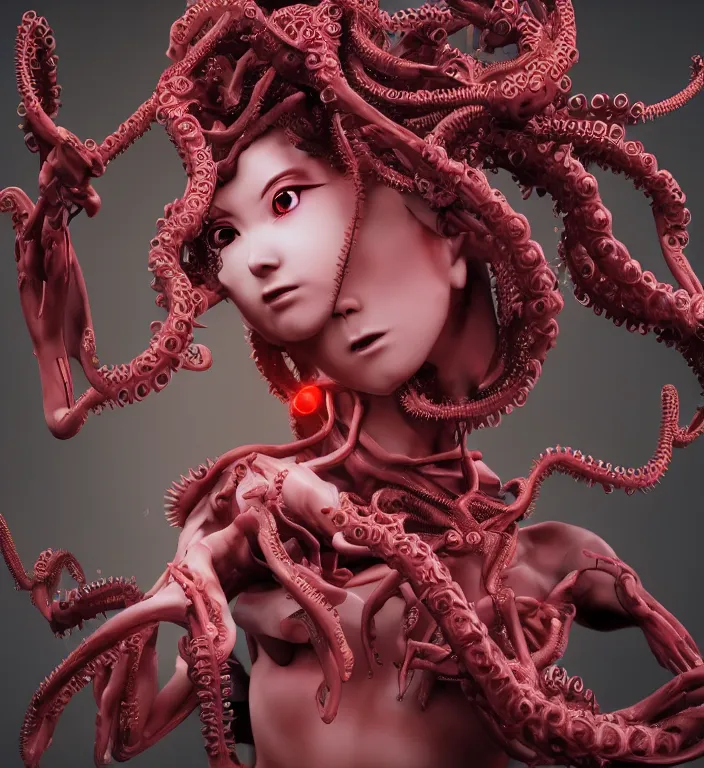 Prompt: buddhist art photo of demon angel cyborg mutant cg anime girl beautiful face and mechanical tentacles and synaptic glows 3 d photorealistic cinematic shot with leica zeiss depth of field and lens flare in style of frank miller and ito junji squareenix trending on pixiv artstation