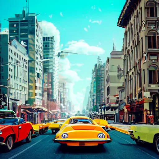 Prompt: street scene, retro futuristic vintage shiny polished traffic mainly cars and motorcycles, volumetric lighting, beautiful, day time, spring, sunny weather, sharp focus, highly detailed, photorealistic, 4 0 0 0 k, f 1. 4, cgsociety