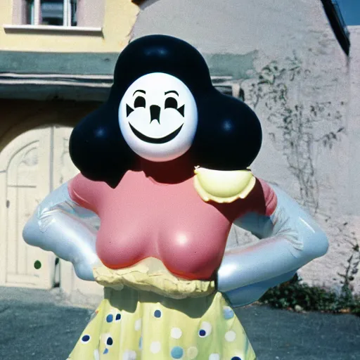 Image similar to 1976 glamorous curvy woman wearing an inflatable smiley head, wearing a dress, in a small village full of inflatable animals, 1976 French film archival footage technicolor film expired film 16mm Fellini new wave John Waters Russ Meyer movie still