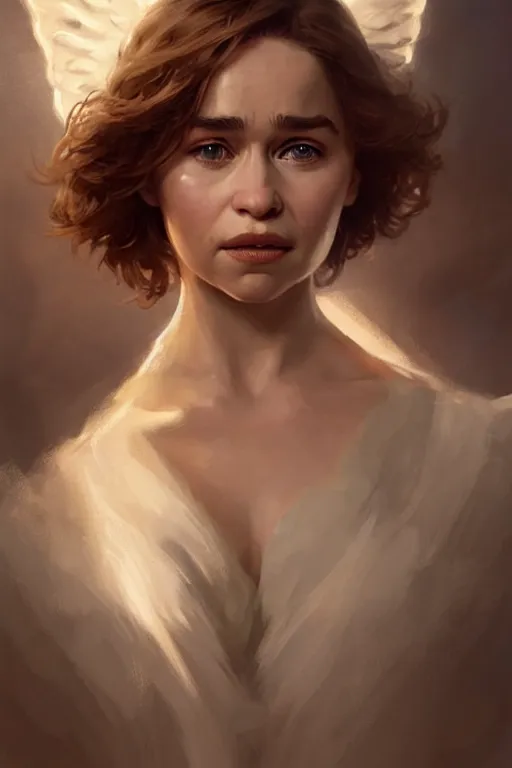 Prompt: Emilia Clarke as an Angel, anatomy, only two hands, highly detailed, digital painting, artstation, concept art, smooth, sharp focus, illustration, Unreal Engine 5, 8K, art by art by artgerm and greg rutkowski and edgar maxence