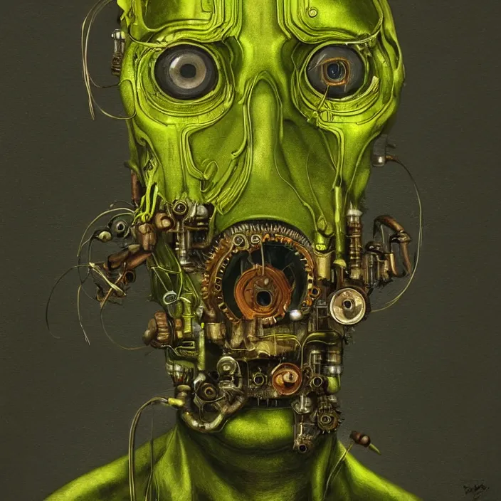 Image similar to portrait of an chartreuse ultron from age of ultron, clockwork steampunk, dieselpunk, head and chest only, by beksinski, 4 k, deviantart, trending on artstation