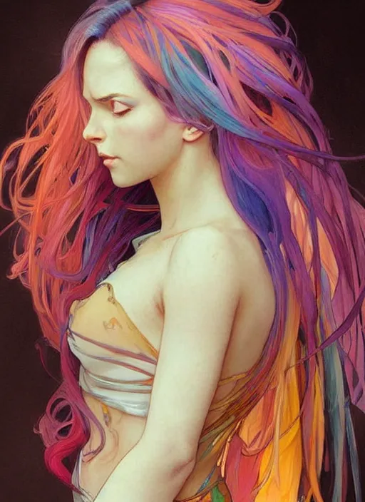 Image similar to a young woman with beautiful rainbow hair. she looks very angry. beautiful painting by artgerm and greg rutkowski and alphonse mucha lois van baarle