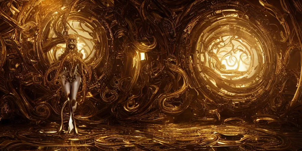 Image similar to a photo of 8k ultra realistic corrupted lovecraftian golden humanoid queen standing next to a spaceship window overlooking earth, 8 intricate white and gold tentacles, ornate white and gold armour, cinematic lighting, trending on artstation, 4k, hyperrealistic, focused, extreme details, unreal engine 5, cinematic, masterpiece