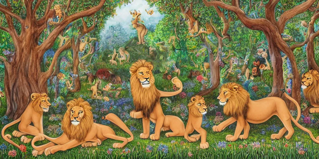 Image similar to lions in front of birthday table in fairytale forest , huge scale, high detail, intricate by Axel Scheffler