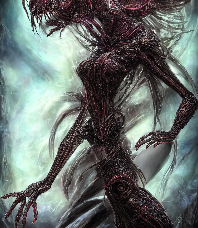 Image similar to close up portrait on the enchanting femenine queen of the zerg, hyper attractive, seductive, very complex, hyper-maximalist, overdetailed, legendary cinematic, darkfantasy, archetype with timeless beauty breathtaking eyes, her spider like legs spread evenly around her framing the image, collossal alien ship in the sky behind her, highly intricate, digital art, very elegant, HDR 8K, biblical art, realism, incomprehensible yet perspicious detail, unbeatable quality, silent hill aesthetic, photorealistic, lifelike, DSLR 8k, unbeatable coherency, Omnious intricate, octane render, created Nixeu & z--ed from deviantart