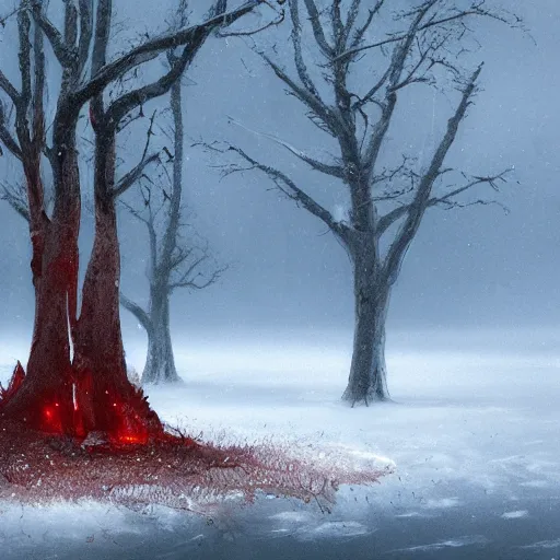 Prompt: A single red tree on a small island in a mountain lake, surrounded by a snow/covered forest, fantasy art by Greg Rutkowski