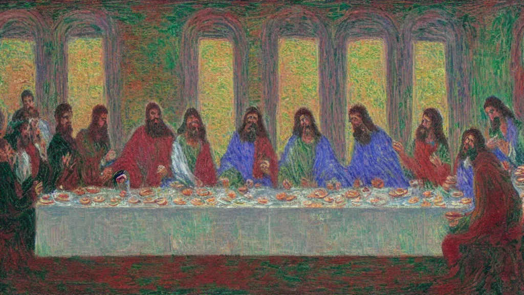 Image similar to the last supper in space in the style of claude monet, digital art.