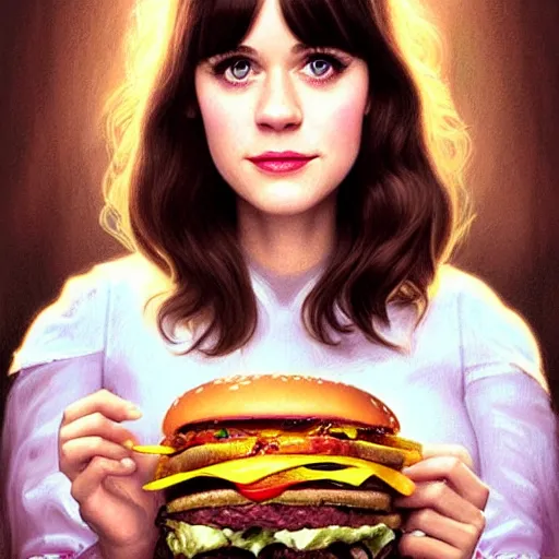 Prompt: portrait of Zooey Deschanel eating hamburgers, extra onions and ketchup, luscious patty with sesame seeds, feminine ethereal, handsome, D&D, fantasy, intricate, elegant, highly detailed, digital painting, artstation, concept art, matte, sharp focus, illustration, art by Artgerm and Greg Rutkowski and Alphonse Mucha