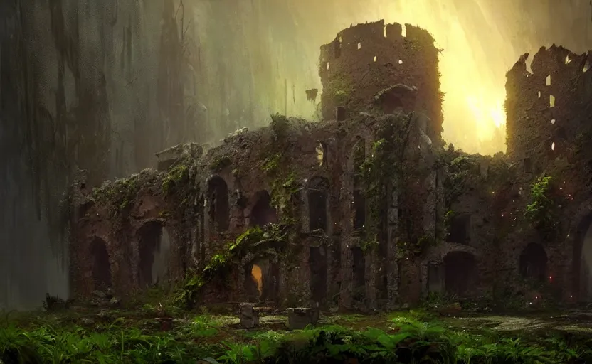 Prompt: ruins of an old castle covered by plants with moody and cinematic lighting by greg ruthkowski and craig mullins, cinematic and atmospheric, concept art, artstation, trending on artstation