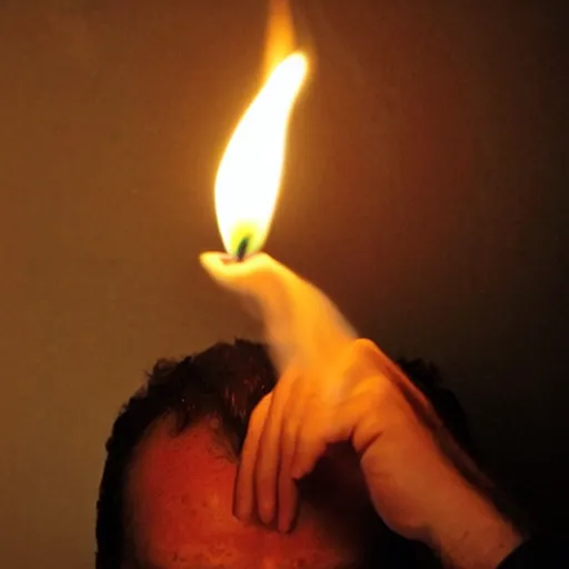 Image similar to photo of a man with a burning candle wick coming out of the top of his melting head