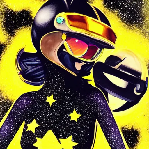 Image similar to ! dream black suit catgirl yellow motorcycle helmet, floating through galaxy colorful swirling stars, celty sturluson