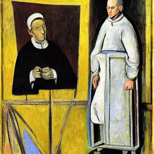 Prompt: Portrait of Pope Innocent X in a cage by Velasquez painting by Pablo Picasso and Chaïm Soutine and Alberto Giacometti, vhs, painting by Pablo Picasso