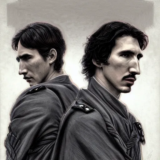 Prompt: dual portrait of a stoic looking john oliver and adam driver, full body, military uniform, fantasy, intricate, elegant, beautiful, highly detailed, charcoal, centered, dark, smokey, digital painting, artstation, concept art, smooth, sharp focus, illustration, art by artgerm and greg rutkowski and alphonse mucha